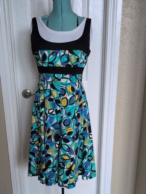 Nine West Black-Trim Teal Multi-Print Midi Dress